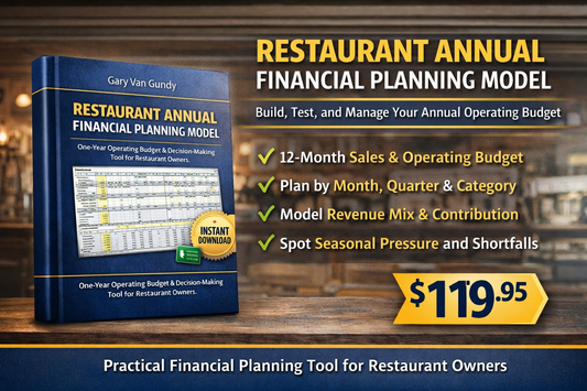 Book titled 'Restaurant Annual Financial Planning Model' on a wooden surface with promotional text about financial planning model.