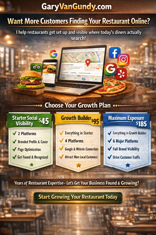 Promotional graphic for restaurant online visibility services with a laptop, smartphone, and pizza on a wooden table.
