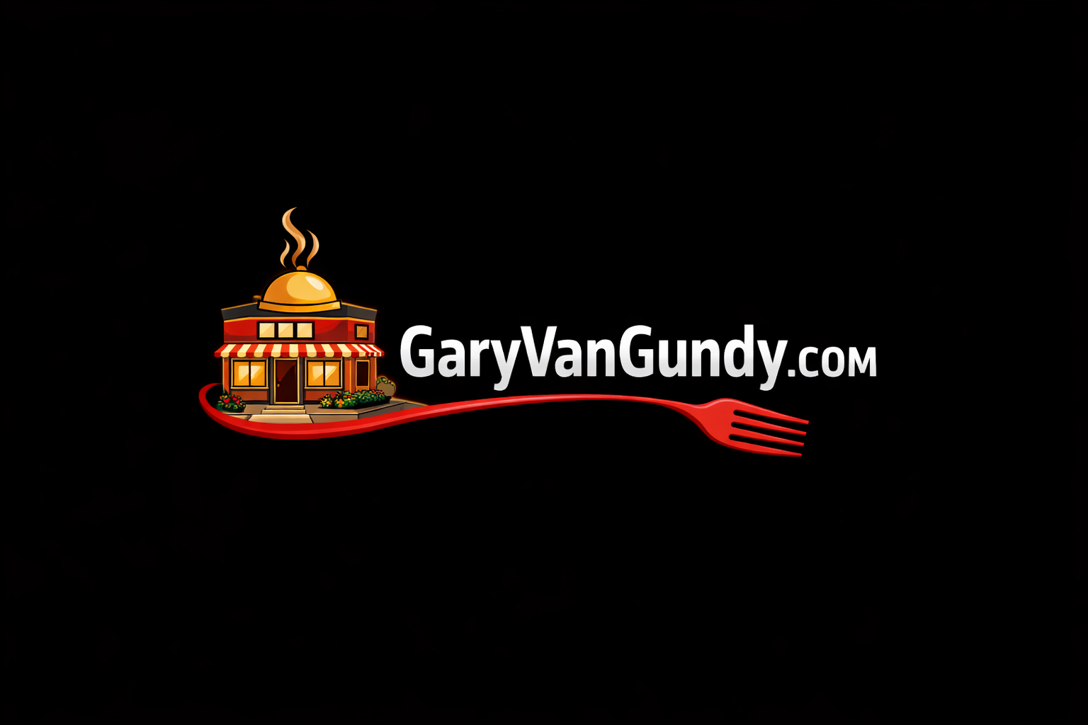 Logo with a restaurant building and red fork on a black background, featuring 'GaryVanGundy.com'.