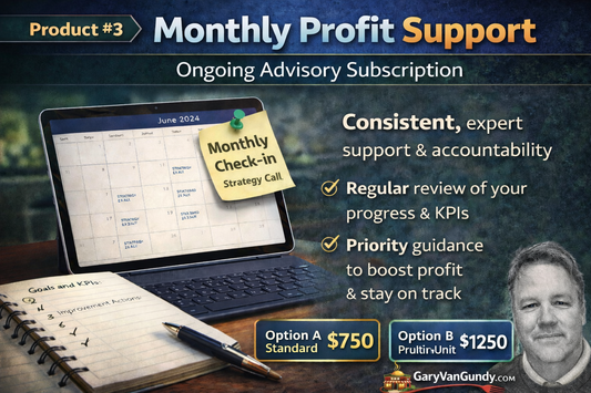 Advertisement for Monthly Profit Support with laptop, calendar, and notebook on a desk.