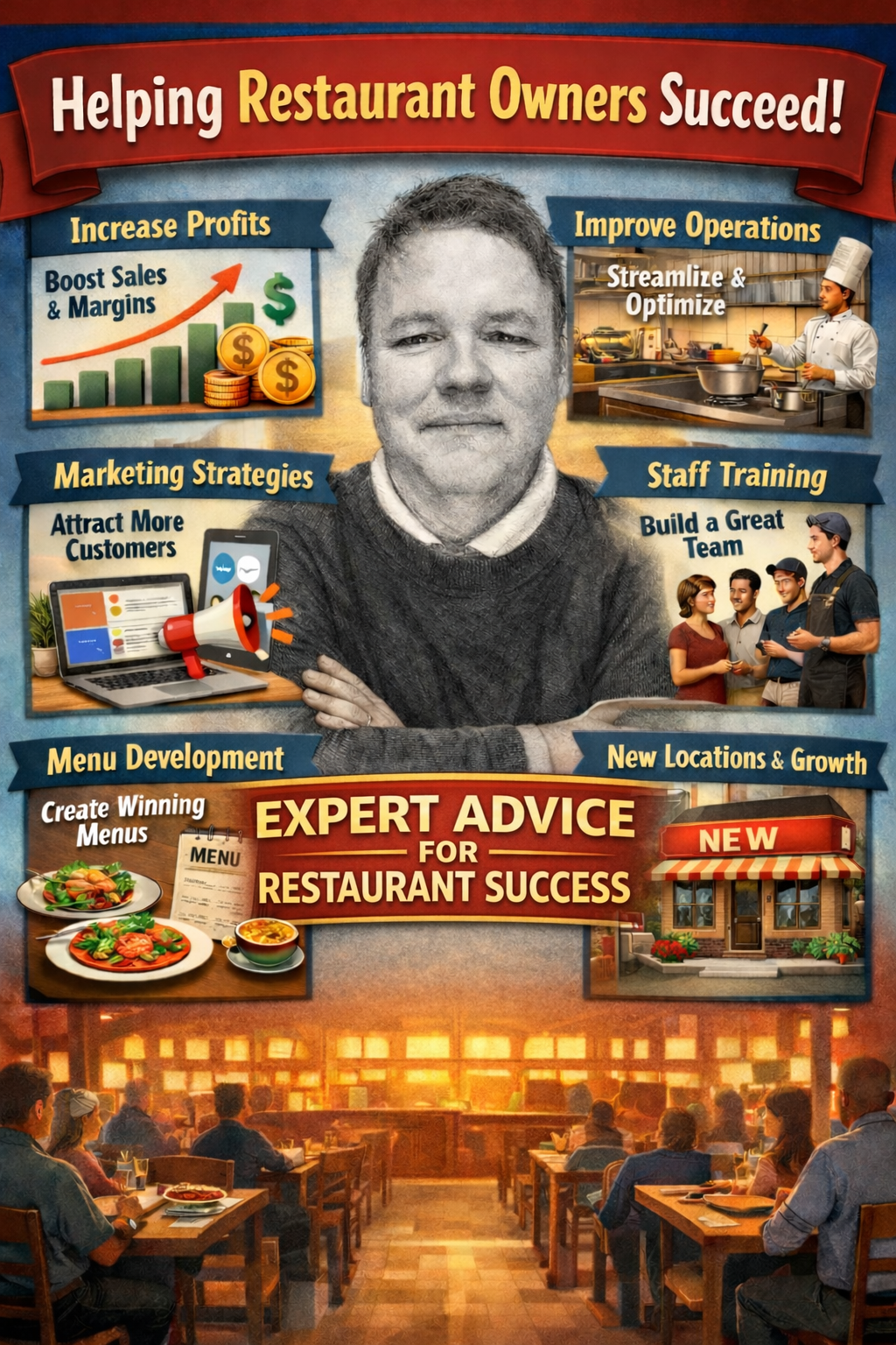 Promotional graphic for restaurant success tips with a man in a suit and various restaurant-related images.