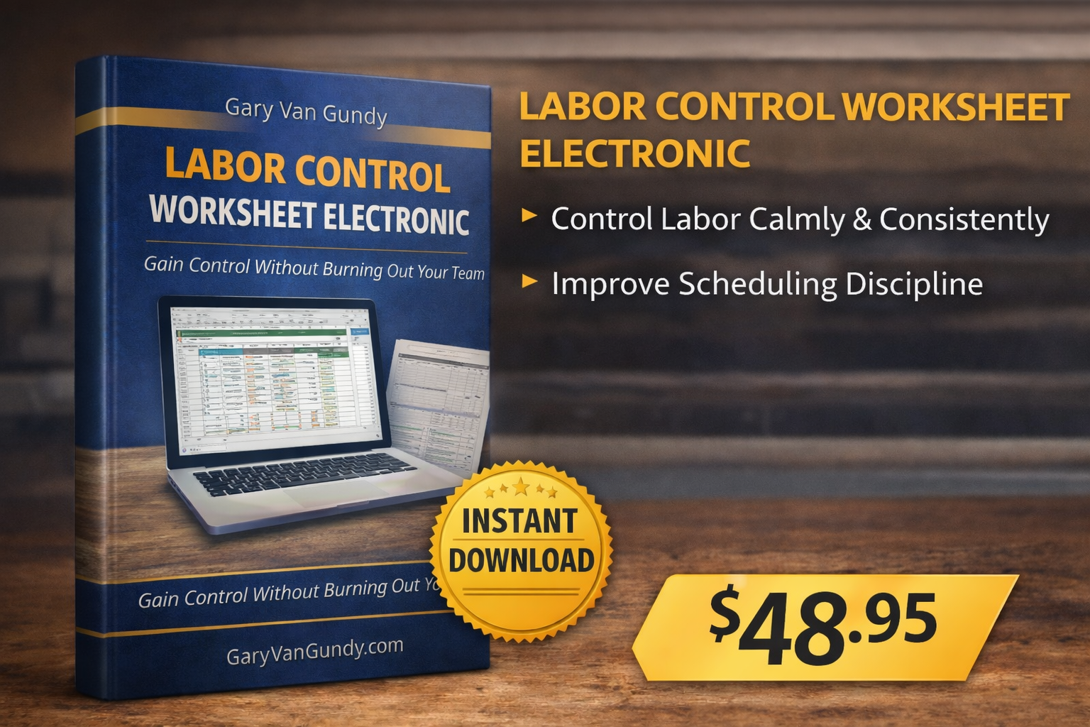 Book titled 'Labor Control Worksheet Electronic' with a laptop on a wooden surface, promotional text, and price tag.