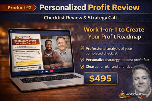 Promotional graphic for a personalized profit review service with a laptop displaying a checklist on a dark background.