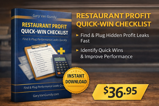 Book titled 'Restaurant Profit Quick-Win Checklist' with a calculator and instant download badge on a wooden surface.