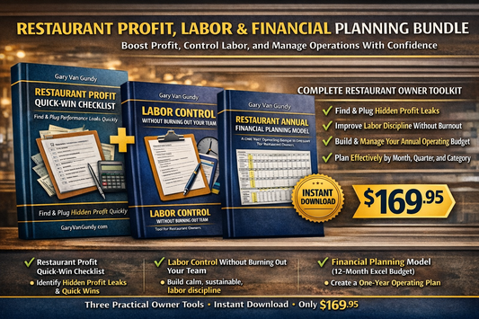 Promotional graphic for a restaurant profit, labor, and financial planning bundle with books and tools on a wooden surface.  gvangundy.com