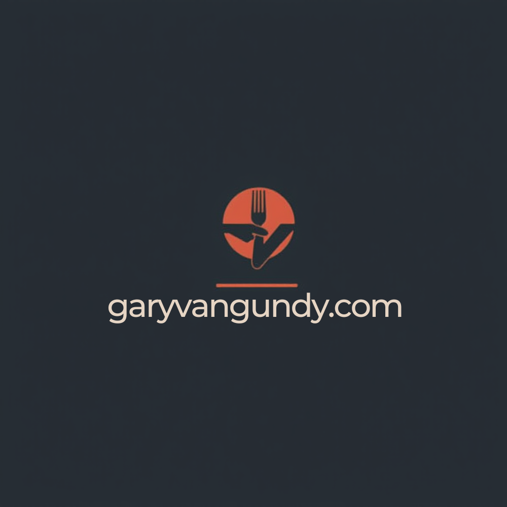 Logo for Garyvangundy.com Black background with white text, and a fork image 
