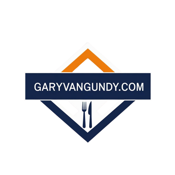 Logo with 'GARYVANGUNDY.COM' text and a fork and knife icon on a white background